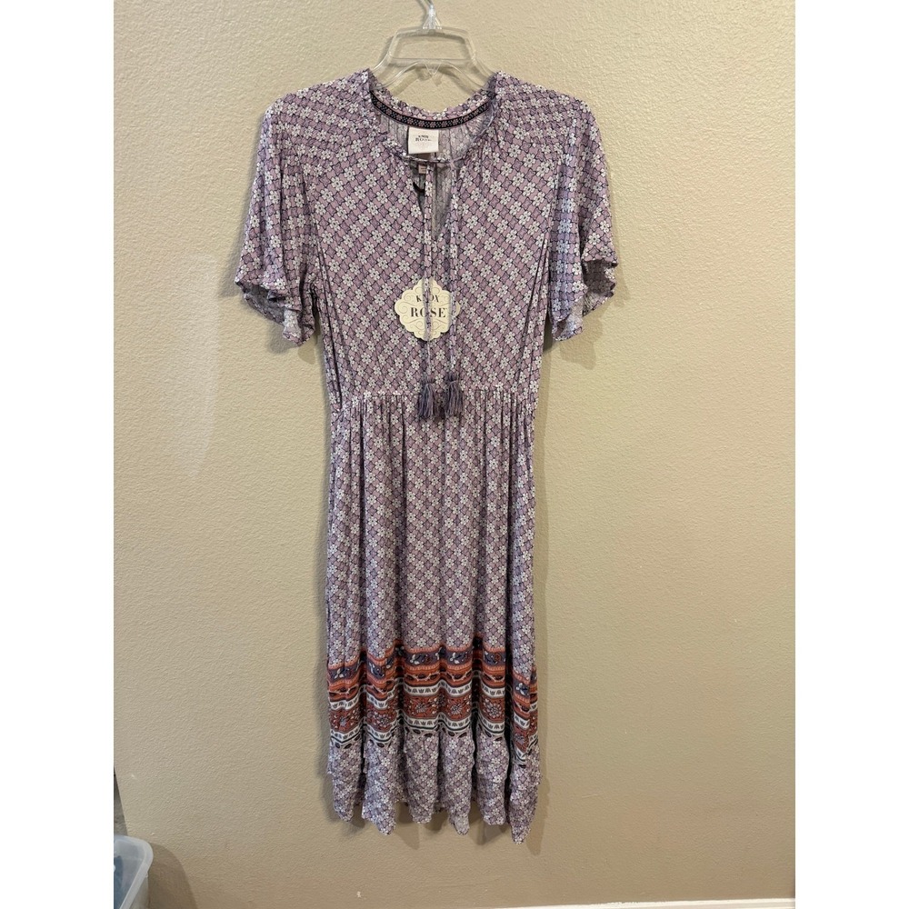 Knox Rose Midi Dress Women XS Lilac Purple NWT Boho Floral Tassel Tie 316096120